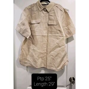 GIORGIANA BY NOJI 100% Linen Button Up Blouse Women's 2X Boxy‎ Khaki Sleeves NWT